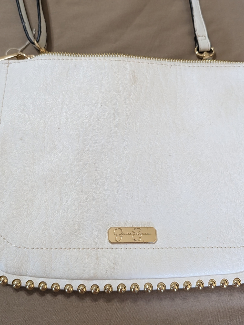 Jessica Simpson White Leather Crossbody Bag with Gold Studs